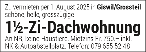 1.5 Zi-Dachwohnung, Grossteil, Giswil