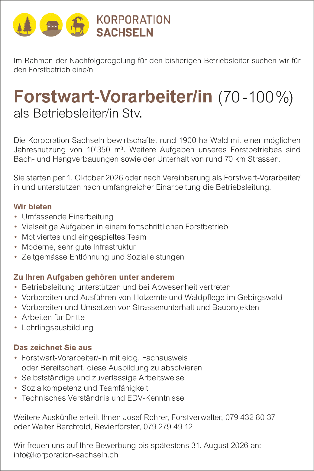 Forstwart Vorarbeiter/in 70-100%