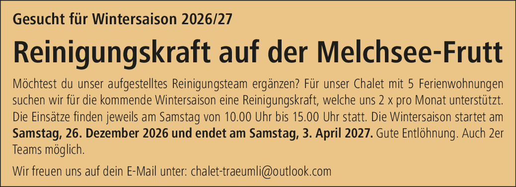 Reinigungskraft Melchsee-Frutt
