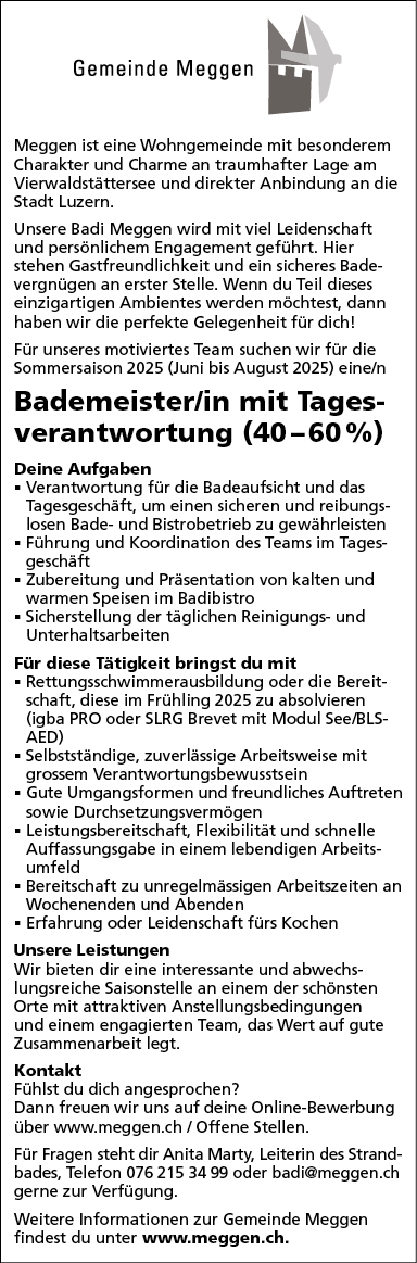Bademeister/in mit Tagesverantwortung (40-60%)