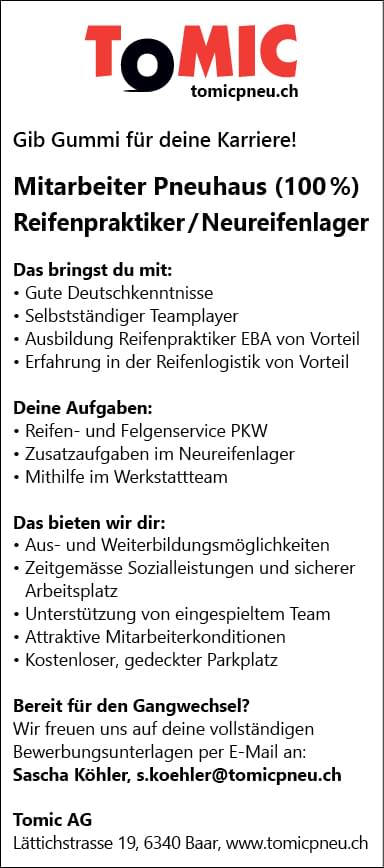 Mitarbeiter Pneuhaus / Reifenpraktiker (100%)