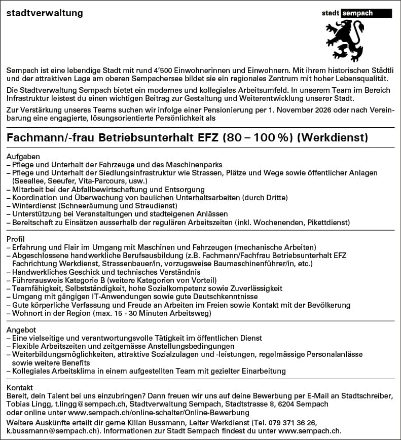 Fachmann/frau Betriebsunterhalt EFZ Werkdienst