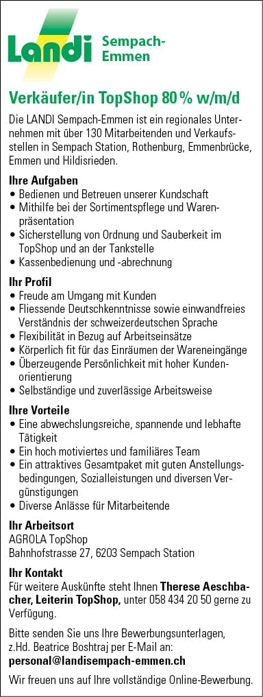Verkäufer/in TopShop 80%, Sempach