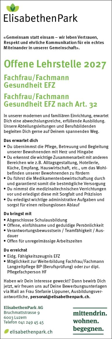 Lehrstelle Fachfrau/Fachmann Gesundheit EFZ