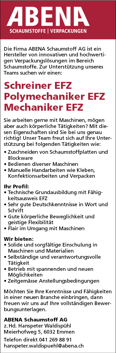 Polymechaniker EFZ / Mechaniker EFZ / Schreiner EF