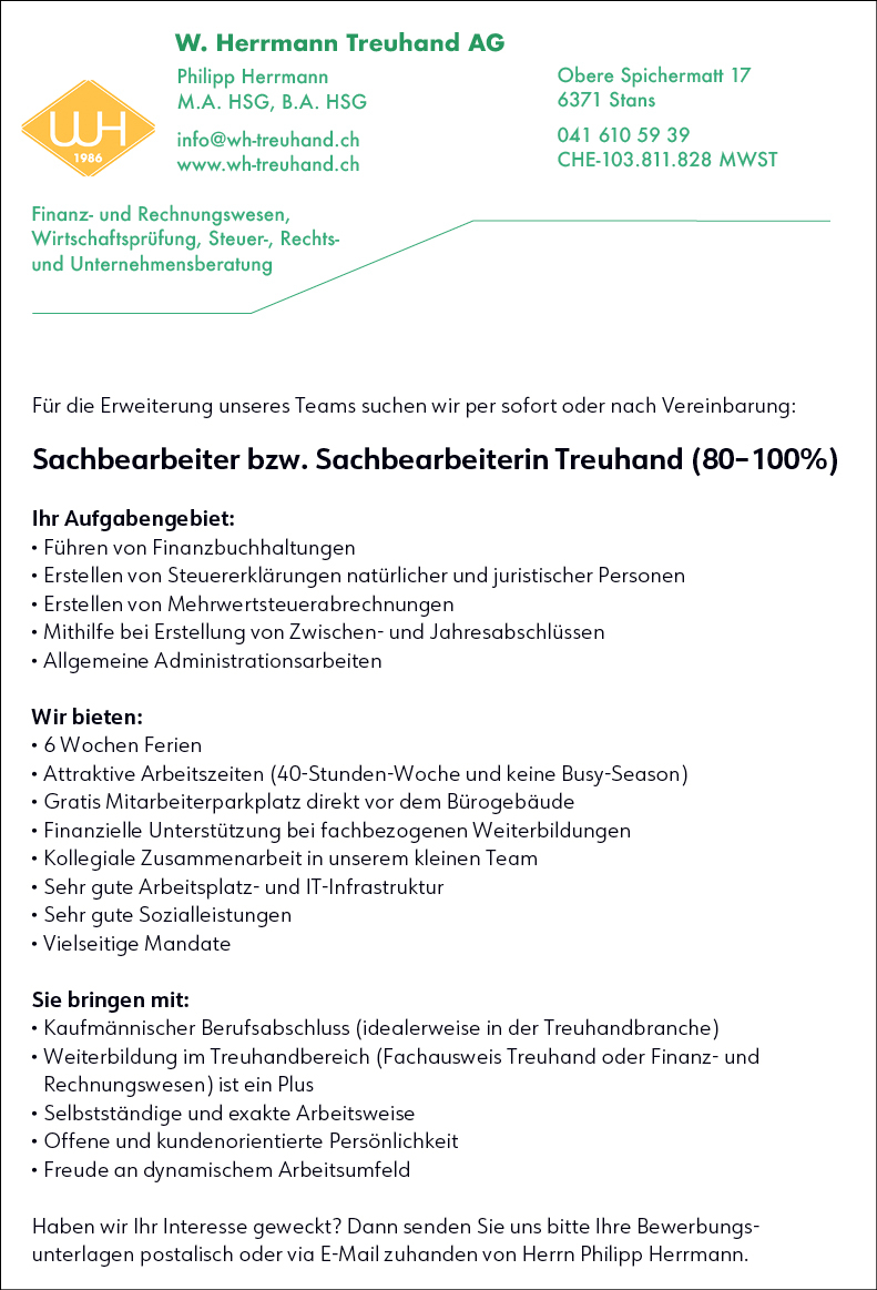 Sachbearbeiter/in Treuhand