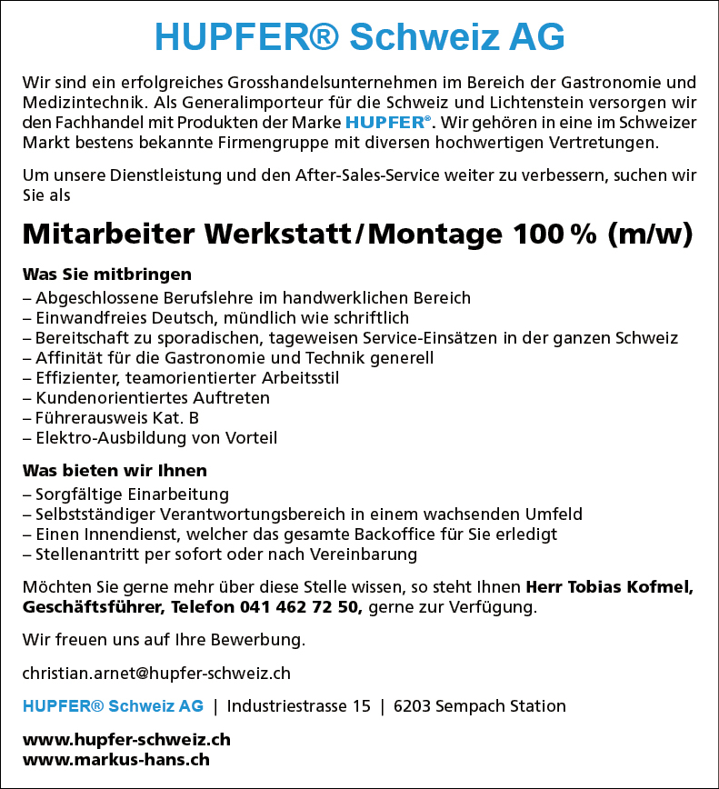 Mitarbeiter/in Werkstatt / Montage 100%