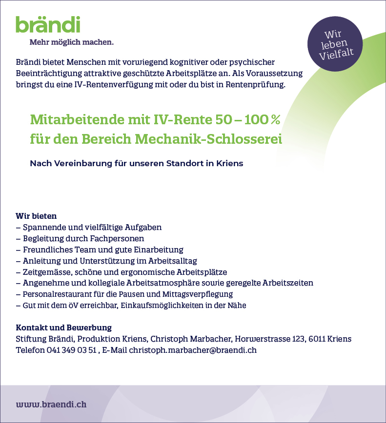 Mitarbeitende mit IV-Rente Mechanik-Schlosserei