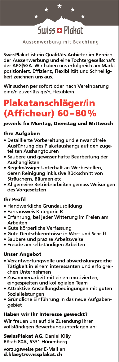 Plakatanschläger/in (Afficheur) 60-80%