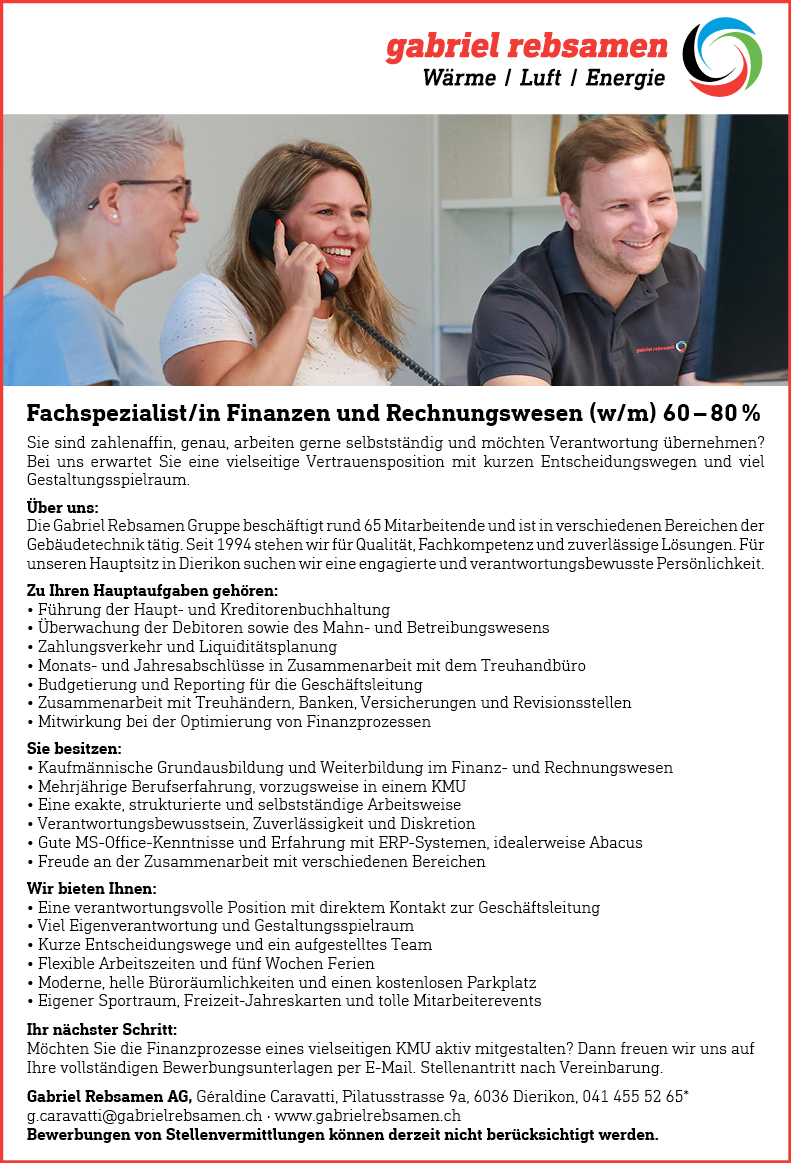Fachspezialist/in Finanzen und Rechnungswesen