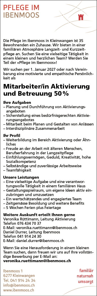 Mitarbeiter/in Aktivierung und Betreuung 50%