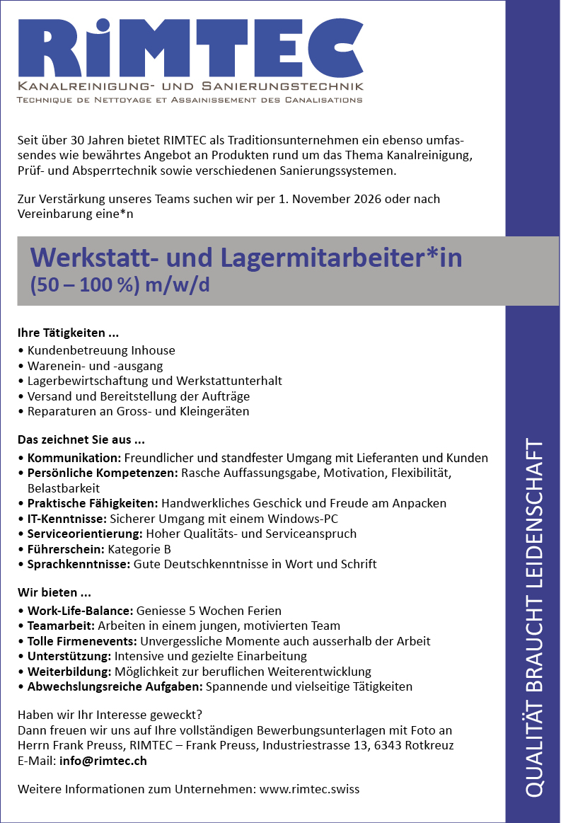 Werkstatt- & Lagermitarbeiter*in (50-100%)