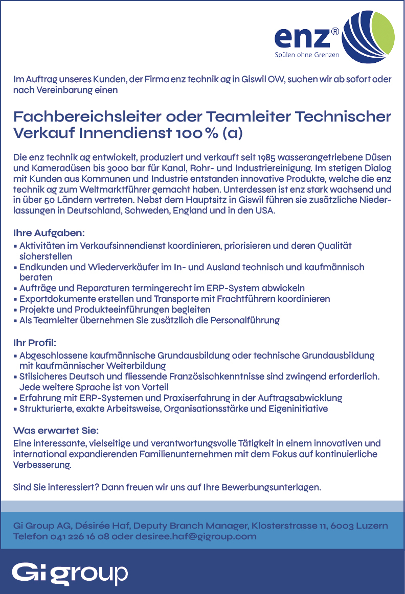 Fachbereichs- oder Teamleiter Verkauf Innendienst