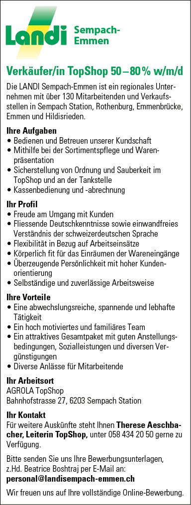 Verkäufer/in TopShop 80%, Sempach