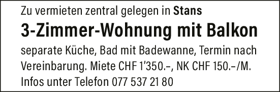 3-Zi Wohnung zu vermieten, Stans