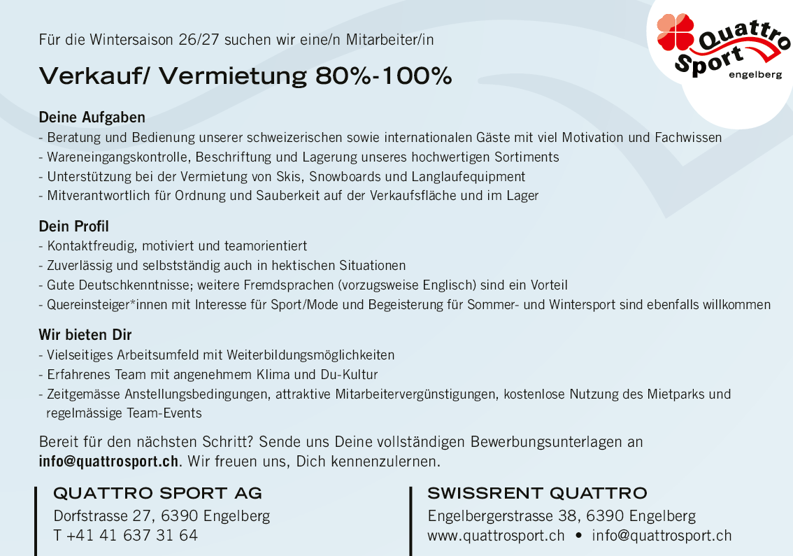 Verkauf/ Vermietung 80%-100%, OW
