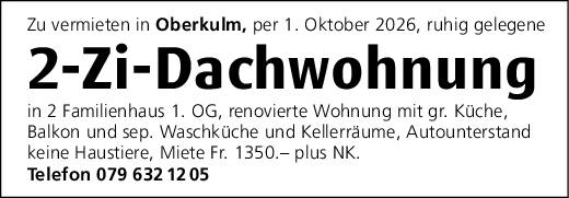 2 Zi.-Dachwohnung, Oberkulm